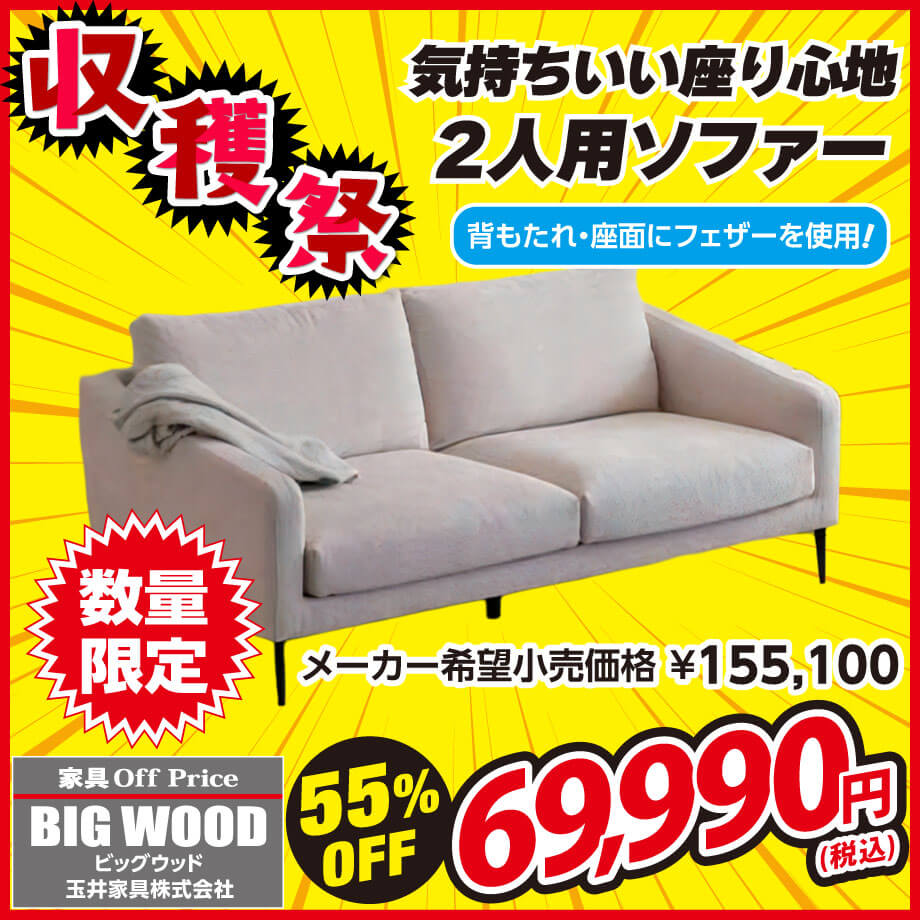 座面と背にフェザーを使った2人掛けソファー