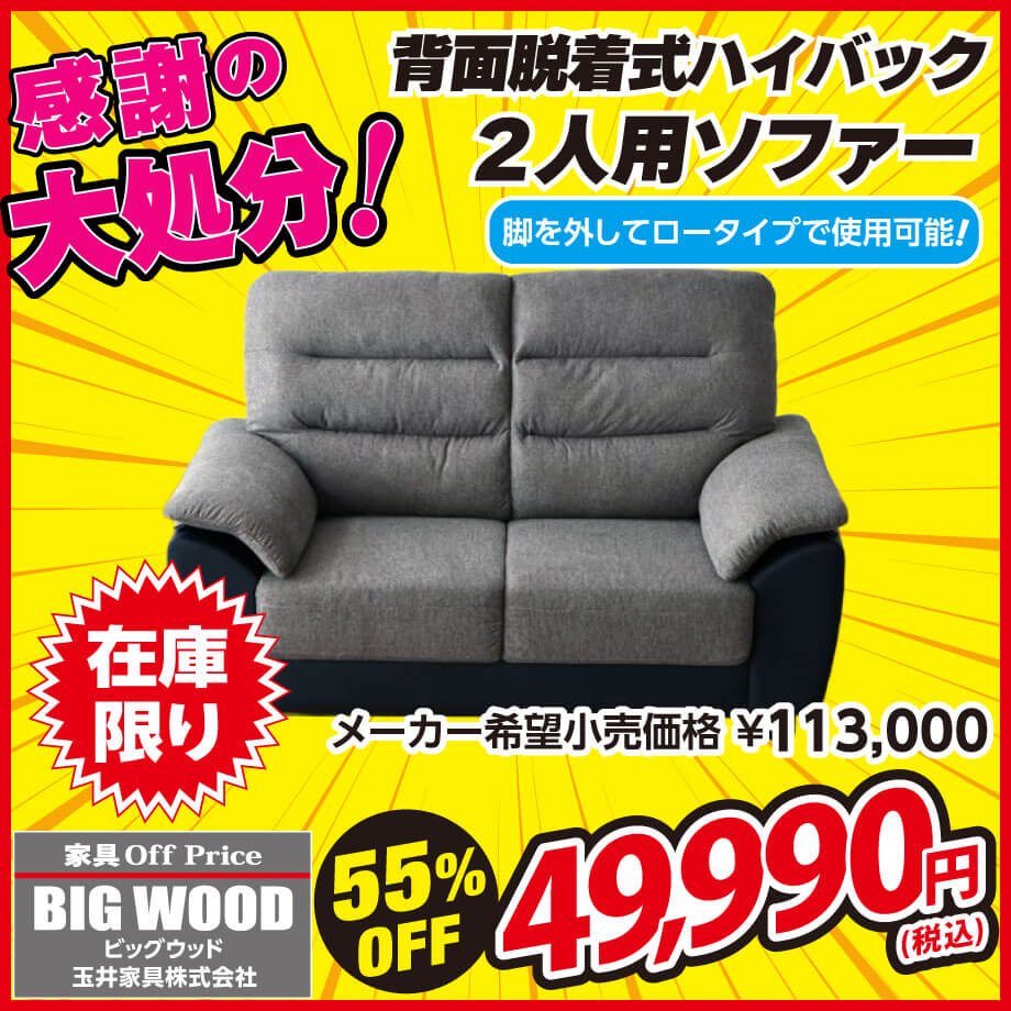 背面脱着式ハイバック仕様！ゆったりくつろげる２人掛けソファが激安！