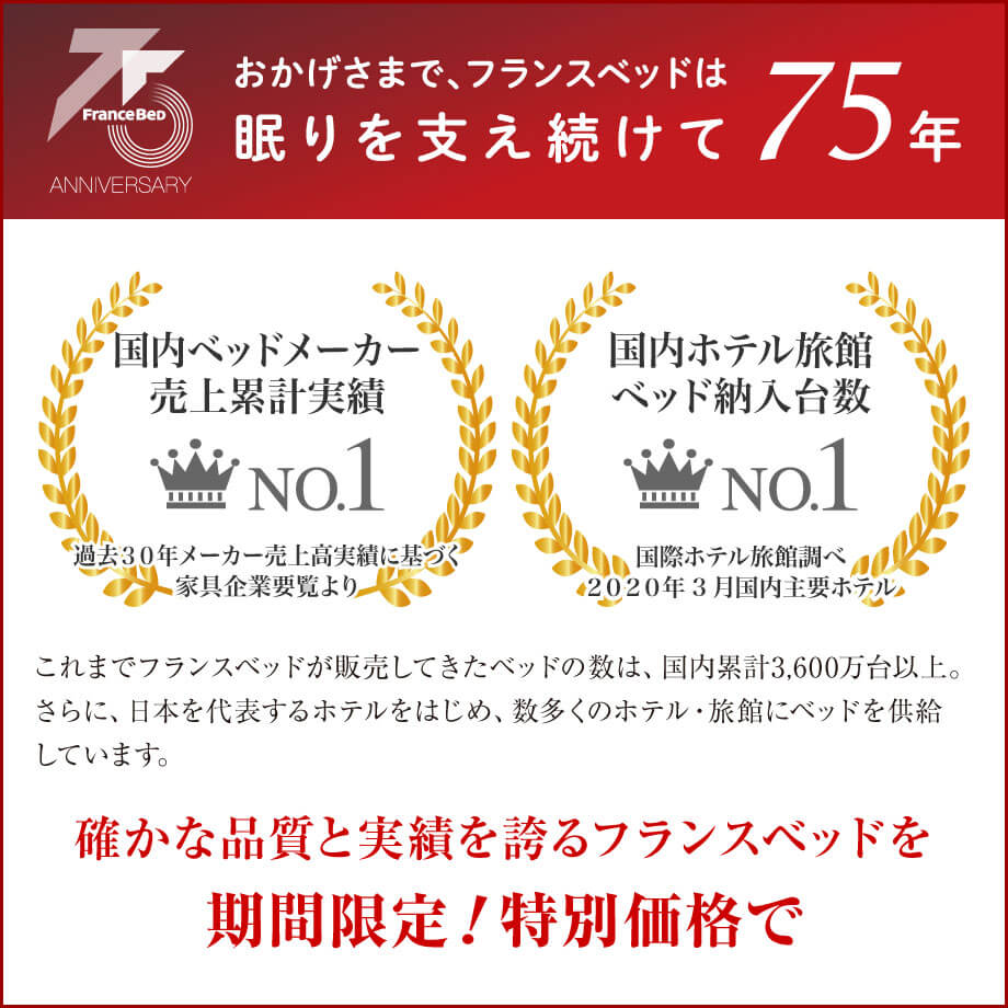 フランスベッドは眠りを支え続けて75年。確かな品質と実績を誇るフランスベッドを期間限定特別価格で販売。